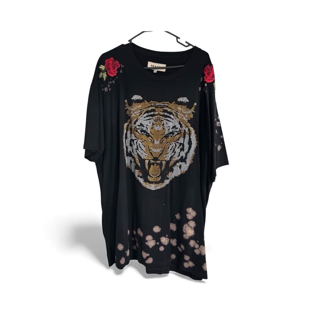 Reason Black Tee with Tiger and Rose Design